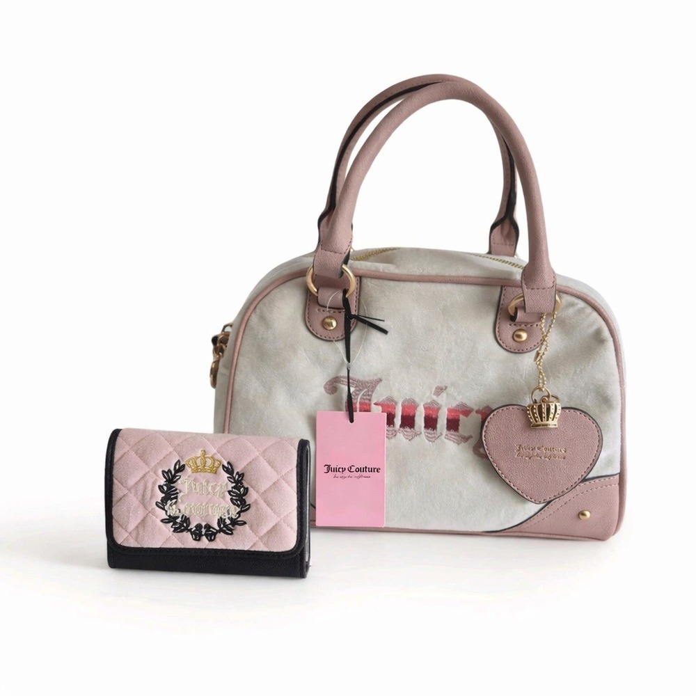Juicy‎ Couture Pink Cream Velour Satchel Heart Charm + Matching Wallet Set NWT